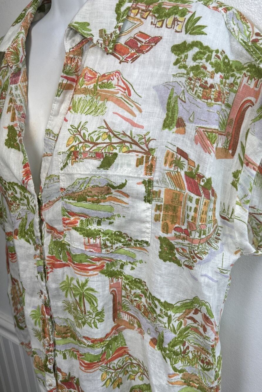 Cynthia Rowley M Amalfi Coast Linen Top S/S Button Scenic Print Lemon Vacation